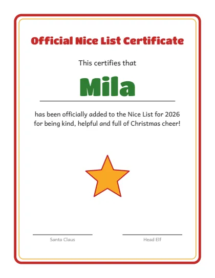 Nice List certificate